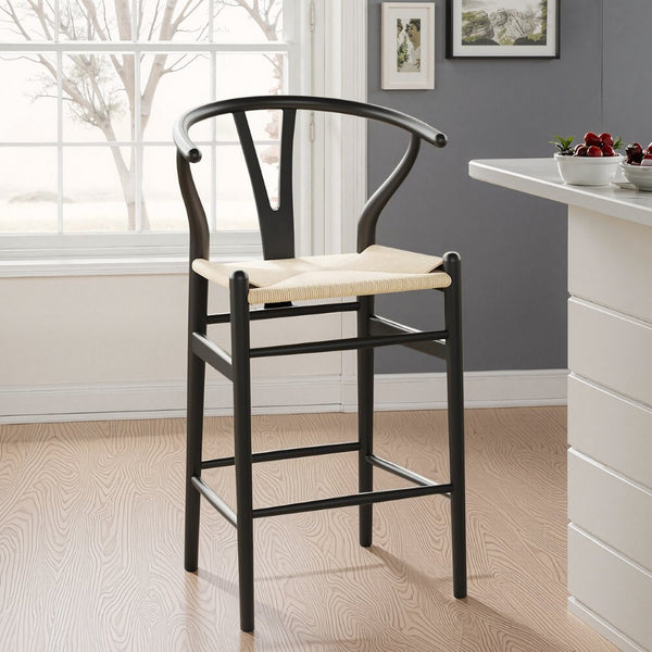 HomeRoots 27" Mid-Century Beige and Black Solid Wood Counter Height Bar Chair for Stylish Dining Spaces 634574