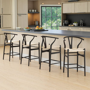 HomeRoots 27" Mid-Century Beige and Black Solid Wood Counter Height Bar Chair for Stylish Dining Spaces 634574