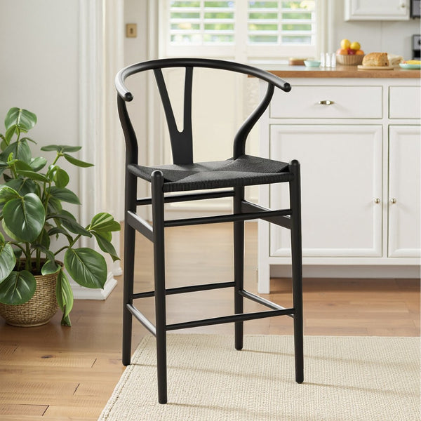 HomeRoots 27" Modern Black Solid Wood Counter Height Bar Chair with Woven Paper-Cord Seat for Comfort & Style 634575