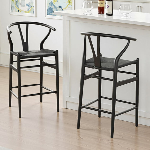 HomeRoots 27" Modern Black Solid Wood Counter Height Bar Chair with Woven Paper-Cord Seat for Comfort & Style 634575