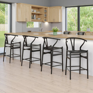 HomeRoots 27" Modern Black Solid Wood Counter Height Bar Chair with Woven Paper-Cord Seat for Comfort & Style 634575