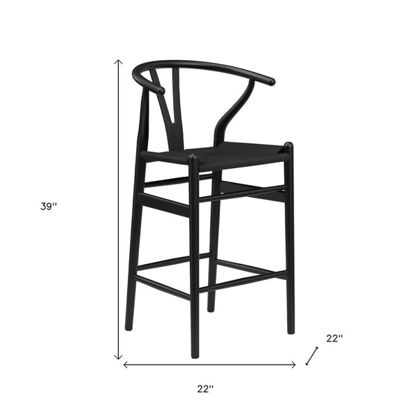 HomeRoots 27" Modern Black Solid Wood Counter Height Bar Chair with Woven Paper-Cord Seat for Comfort & Style 634575