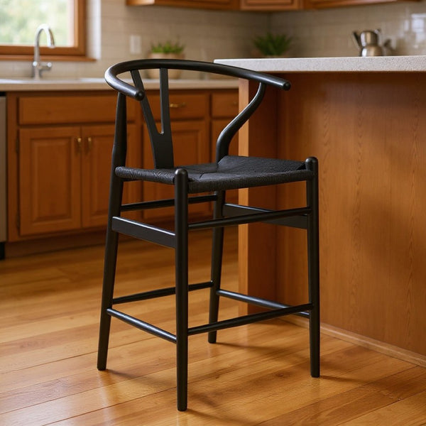 HomeRoots 27" Modern Black Solid Wood Counter Height Bar Chair with Woven Paper-Cord Seat for Comfort & Style 634575