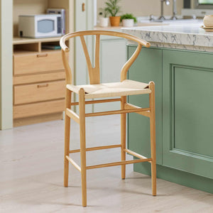 HomeRoots 27" Solid Wood Counter Height Bar Chair - Beige Woven Seat, Mid-Century Style & Ergonomic Comfort 634576