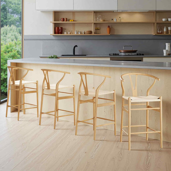 HomeRoots 27" Solid Wood Counter Height Bar Chair - Beige Woven Seat, Mid-Century Style & Ergonomic Comfort 634576