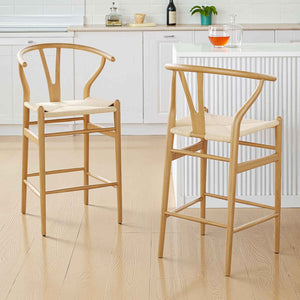 HomeRoots 27" Solid Wood Counter Height Bar Chair - Beige Woven Seat, Mid-Century Style & Ergonomic Comfort 634576