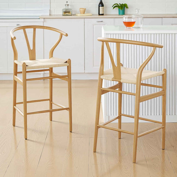 HomeRoots 27" Solid Wood Counter Height Bar Chair - Beige Woven Seat, Mid-Century Style & Ergonomic Comfort 634576