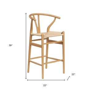 HomeRoots 27" Solid Wood Counter Height Bar Chair - Beige Woven Seat, Mid-Century Style & Ergonomic Comfort 634576