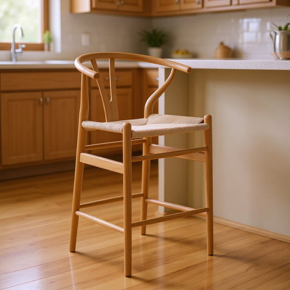 HomeRoots 27" Solid Wood Counter Height Bar Chair - Beige Woven Seat, Mid-Century Style & Ergonomic Comfort 634576