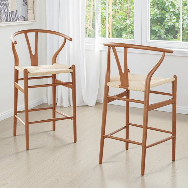 HomeRoots 27" Elegant Mid-Century Beige and Walnut Solid Wood Counter Height Bar Chair for Stylish Spaces 634577