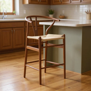 HomeRoots 27" Elegant Mid-Century Beige and Walnut Solid Wood Counter Height Bar Chair for Stylish Spaces 634577