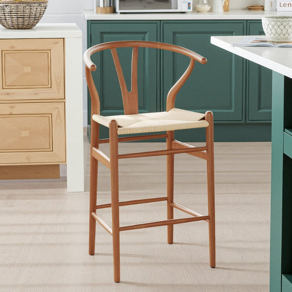 HomeRoots 27" Elegant Mid-Century Beige and Walnut Solid Wood Counter Height Bar Chair for Stylish Spaces 634577