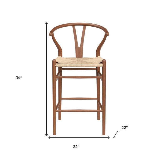 HomeRoots 27" Elegant Mid-Century Beige and Walnut Solid Wood Counter Height Bar Chair for Stylish Spaces 634577