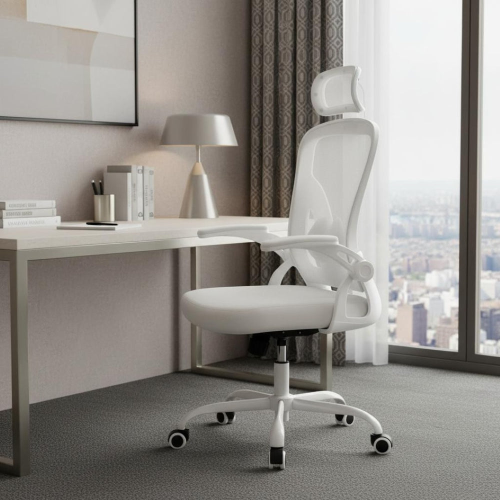 HomeRoots White Adjustable Height Swivel Rolling Office Chair – Modern Ergonomic Design for Comfort & Style 634582
