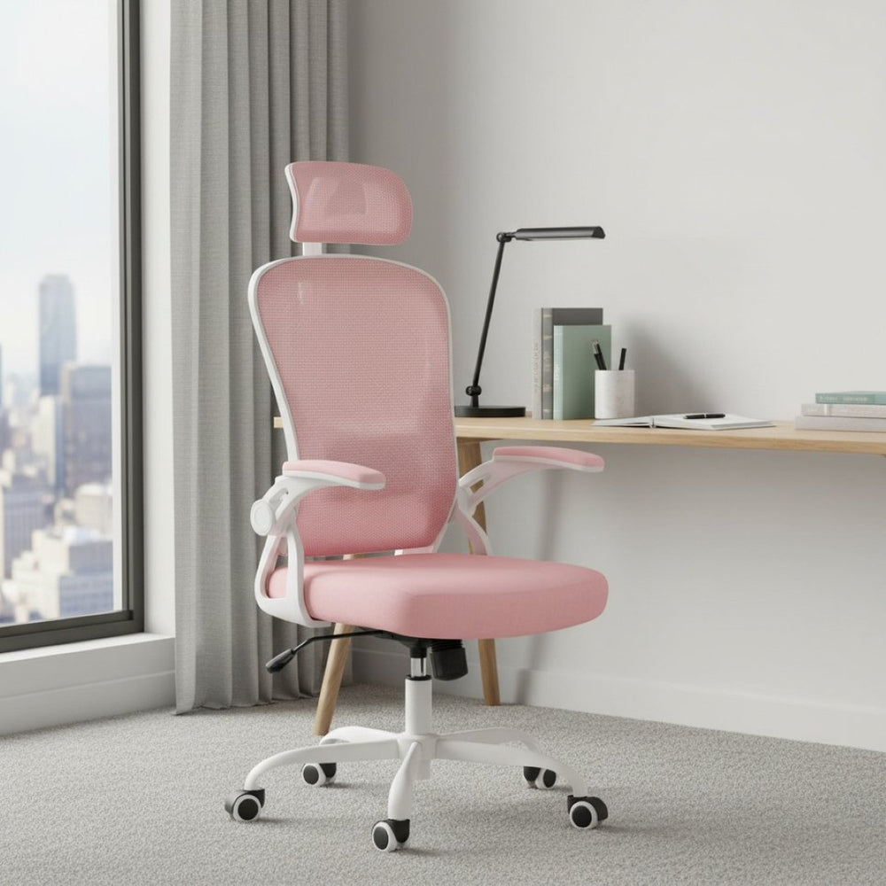 HomeRoots Pink Adjustable Height Swivel Rolling Office Chair - Modern Design with Breathable Mesh Back & Comfort 634585