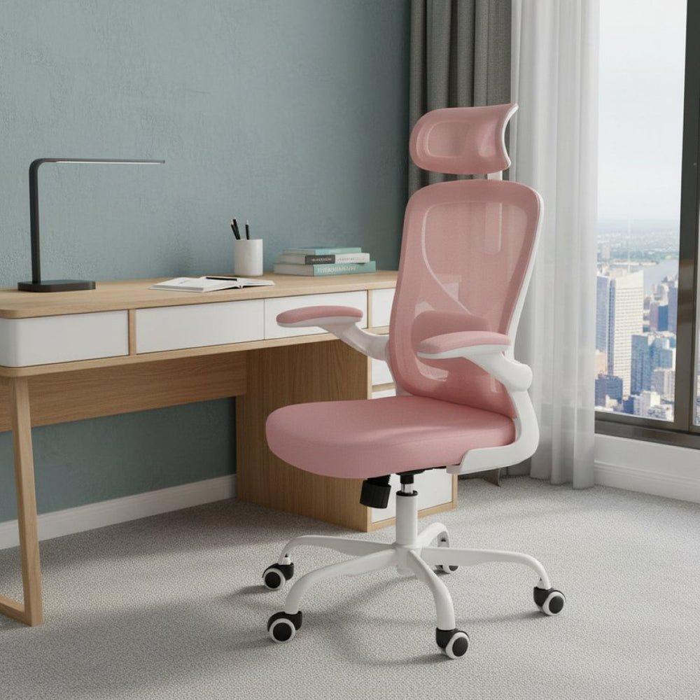 HomeRoots Pink Ergonomic Adjustable Height Swivel Rolling Office Chair with Mesh Back and Smooth Mobility 634591