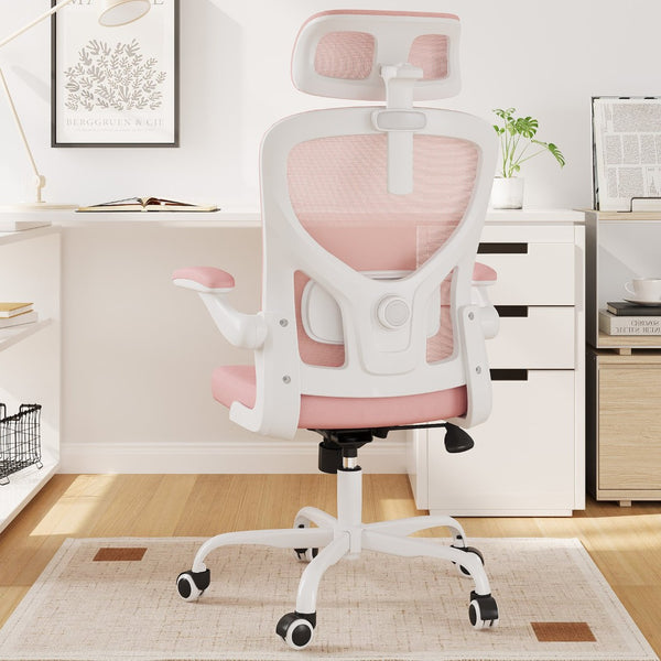 HomeRoots Pink Ergonomic Adjustable Height Swivel Rolling Office Chair with Mesh Back and Smooth Mobility 634591