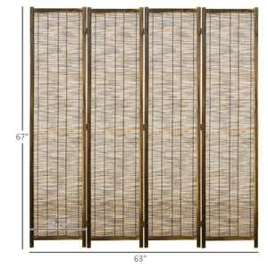 English Elm HOMCOM 4-Panel Reed Room Divider 5.5ft Folding Privacy Screen, Hand-Woven Freestanding Partition for Home Office Brown W2225P229150