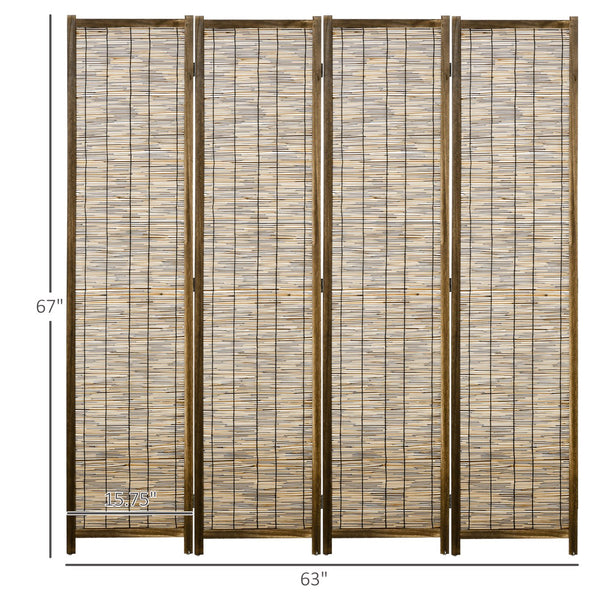 English Elm HOMCOM 4-Panel Reed Room Divider 5.5ft Folding Privacy Screen, Hand-Woven Freestanding Partition for Home Office Brown W2225P229150