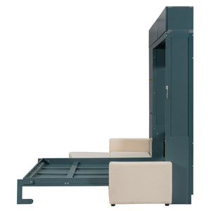 English Elm Queen Murphy Bed with L-shaped Velvet Sofa Storage Cabinets for Studio Living Green LP000765AAA-1
