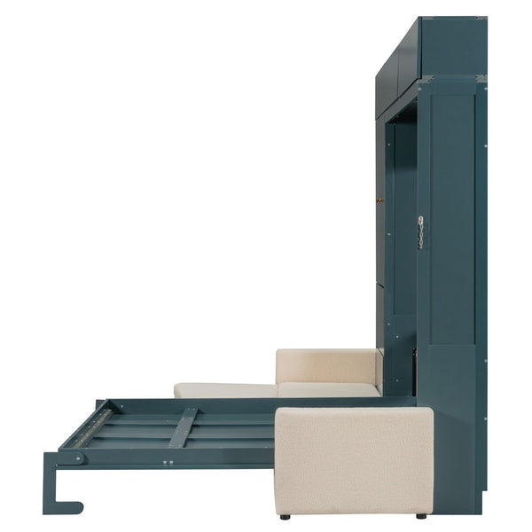 English Elm Queen Murphy Bed with L-shaped Velvet Sofa Storage Cabinets for Studio Living Green LP000765AAA-1