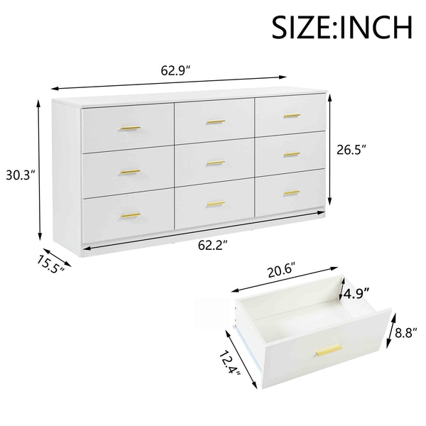 English Elm Modern Classic 3-Column 9-Drawer Dresser in White — Spacious, Waterproof, Sturdy Bedroom Chest W1785P324461