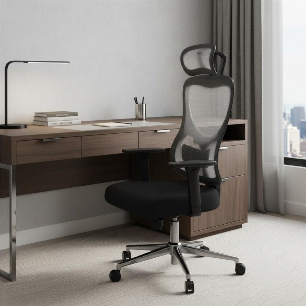 HomeRoots Black Adjustable Height Swivel Rolling Office Chair - Ergonomic Mesh Back, 360° Mobility & Style 634602