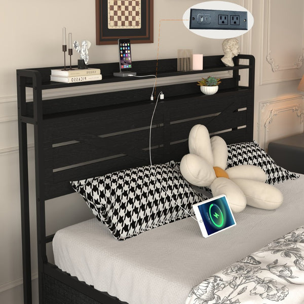 English Elm Queen-size Storage Platform Bed with Led Headboard 12 Drawers and Charging Station Black W5026P404146