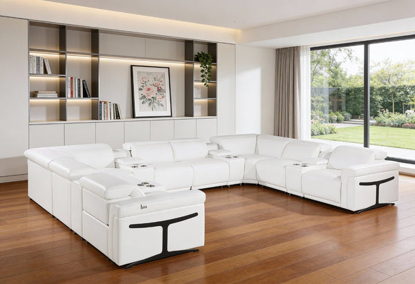 HomeRoots White Italian Leather U-Shaped Power Reclining Sectional Sofa with Console for Ultimate Comfort 634656