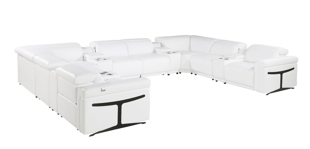 HomeRoots White Italian Leather U-Shaped Power Reclining Sectional Sofa with Console for Ultimate Comfort 634656