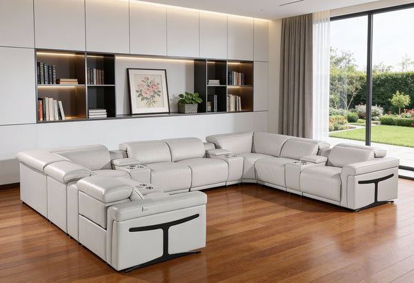 HomeRoots Light Gray Italian Leather Power Reclining U-Shaped Sectional - Luxurious Comfort for 8! 634657