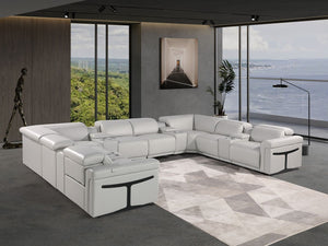 HomeRoots Light Gray Italian Leather Power Reclining U-Shaped Sectional - Luxurious Comfort for 8! 634657
