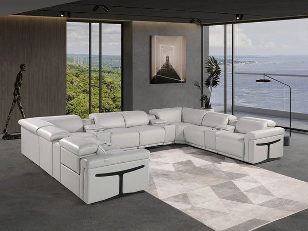 HomeRoots Light Gray Italian Leather Power Reclining U-Shaped Sectional - Luxurious Comfort for 8! 634657