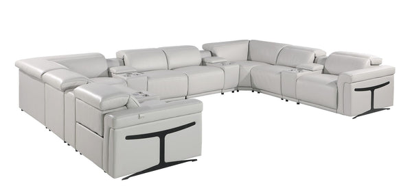 HomeRoots Light Gray Italian Leather Power Reclining U-Shaped Sectional - Luxurious Comfort for 8! 634657