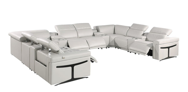 HomeRoots Light Gray Italian Leather Power Reclining U-Shaped Sectional - Luxurious Comfort for 8! 634657