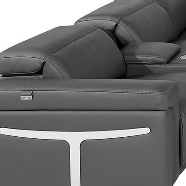 HomeRoots Dark Gray Italian Leather U-Shaped Sectional with Power Recliners, Console, and Modern Design Features 634658