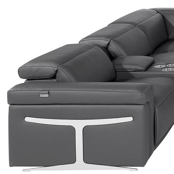 HomeRoots Dark Gray Italian Leather U-Shaped Sectional with Power Recliners, Console, and Modern Design Features 634658