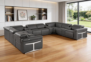 HomeRoots Dark Gray Italian Leather U-Shaped Sectional with Power Recliners, Console, and Modern Design Features 634658