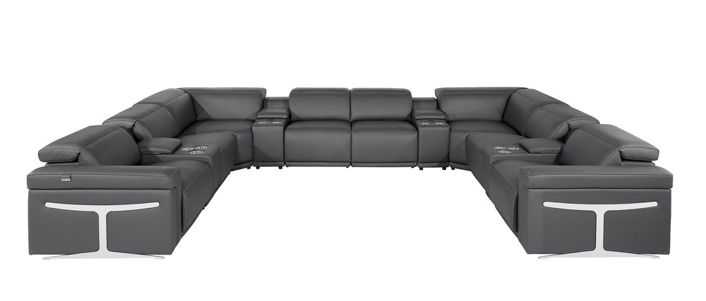 HomeRoots Dark Gray Italian Leather U-Shaped Sectional with Power Recliners, Console, and Modern Design Features 634658