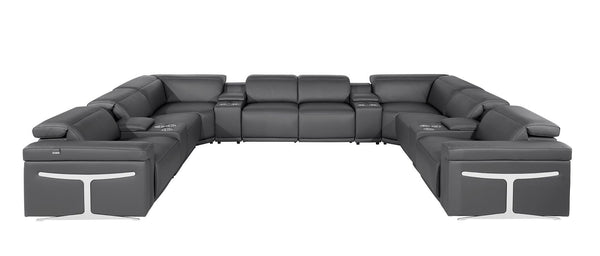 HomeRoots Dark Gray Italian Leather U-Shaped Sectional with Power Recliners, Console, and Modern Design Features 634658