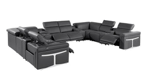 HomeRoots Dark Gray Italian Leather U-Shaped Sectional with Power Recliners, Console, and Modern Design Features 634658