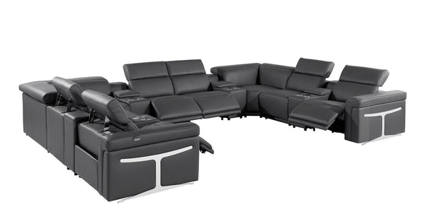 HomeRoots Dark Gray Italian Leather U-Shaped Sectional with Power Recliners, Console, and Modern Design Features 634658