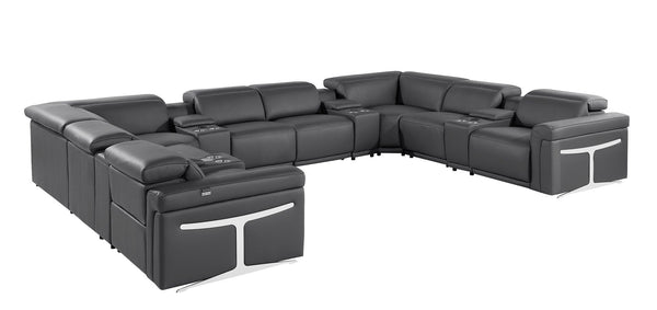 HomeRoots Dark Gray Italian Leather U-Shaped Sectional with Power Recliners, Console, and Modern Design Features 634658