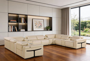 HomeRoots Beige Italian Leather U-Shaped Sectional Sofa with Power Recliners, Console & Modern Design Features 634659