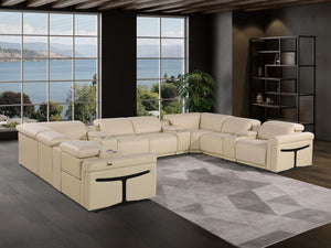 HomeRoots Beige Italian Leather U-Shaped Sectional Sofa with Power Recliners, Console & Modern Design Features 634659
