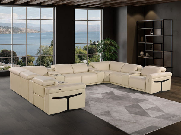 HomeRoots Beige Italian Leather U-Shaped Sectional Sofa with Power Recliners, Console & Modern Design Features 634659