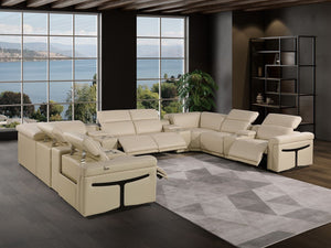 HomeRoots Beige Italian Leather U-Shaped Sectional Sofa with Power Recliners, Console & Modern Design Features 634659