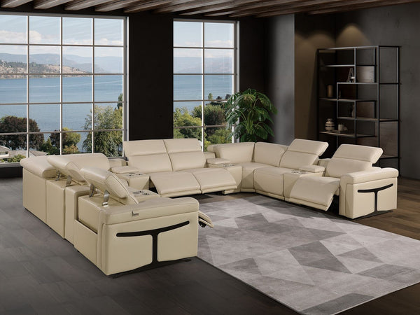 HomeRoots Beige Italian Leather U-Shaped Sectional Sofa with Power Recliners, Console & Modern Design Features 634659