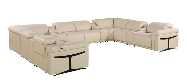 HomeRoots Beige Italian Leather U-Shaped Sectional Sofa with Power Recliners, Console & Modern Design Features 634659