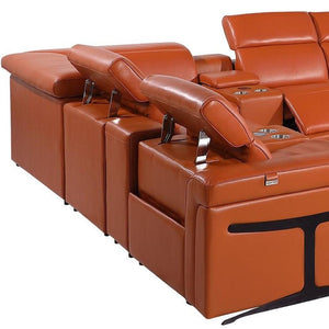 HomeRoots Camel Italian Leather U-Shaped Sectional with Power Recliners, Console & Modern Design Features 634660